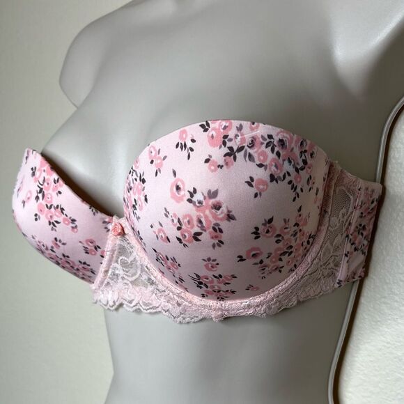 Laura Ashley Pink Peach Floral Strapless Push Up Bra Lace Women 34C No Straps - Picture 4 of 15